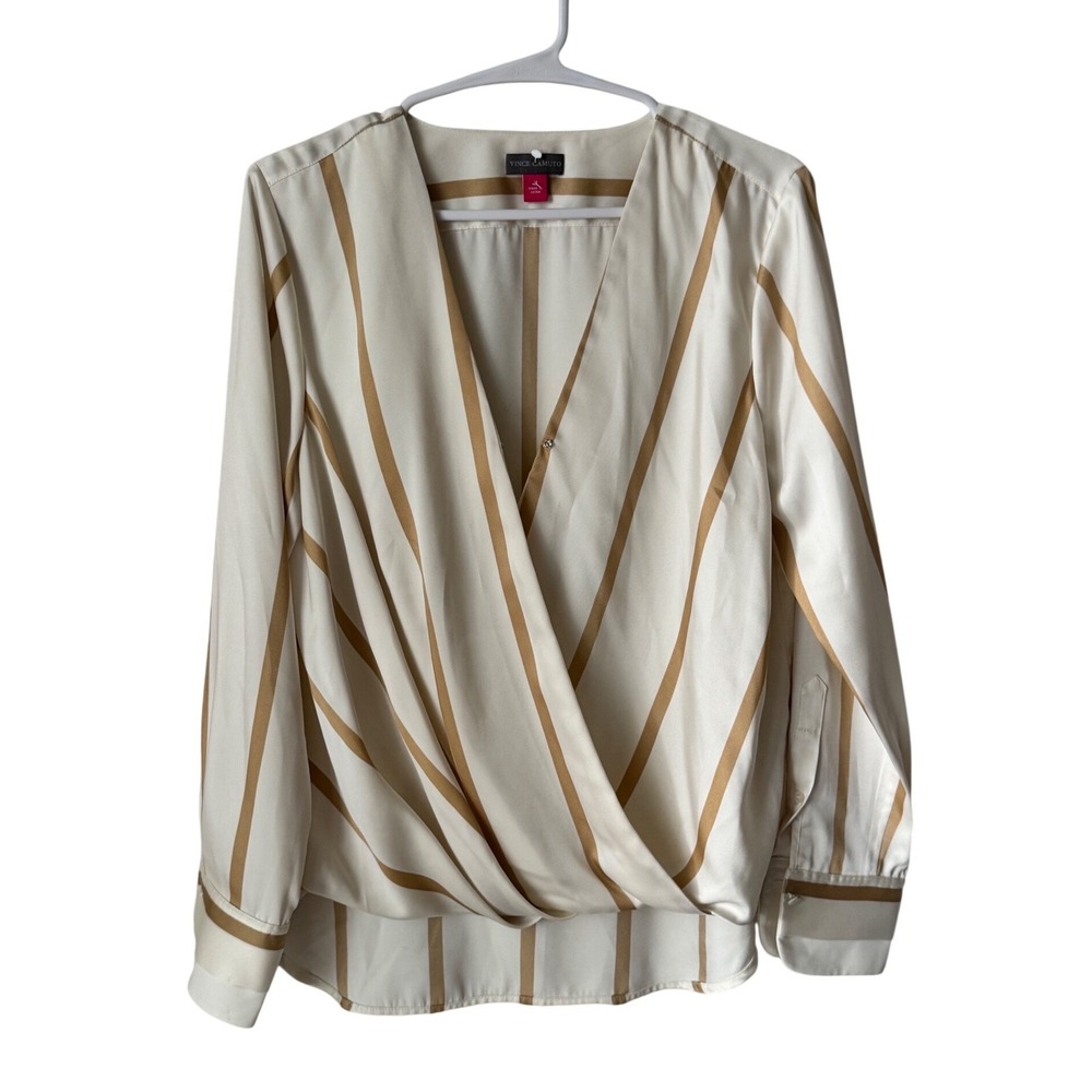 Vince Camuto Womens Small Cream Tan Striped Draped Surplice V-Neck Blouse